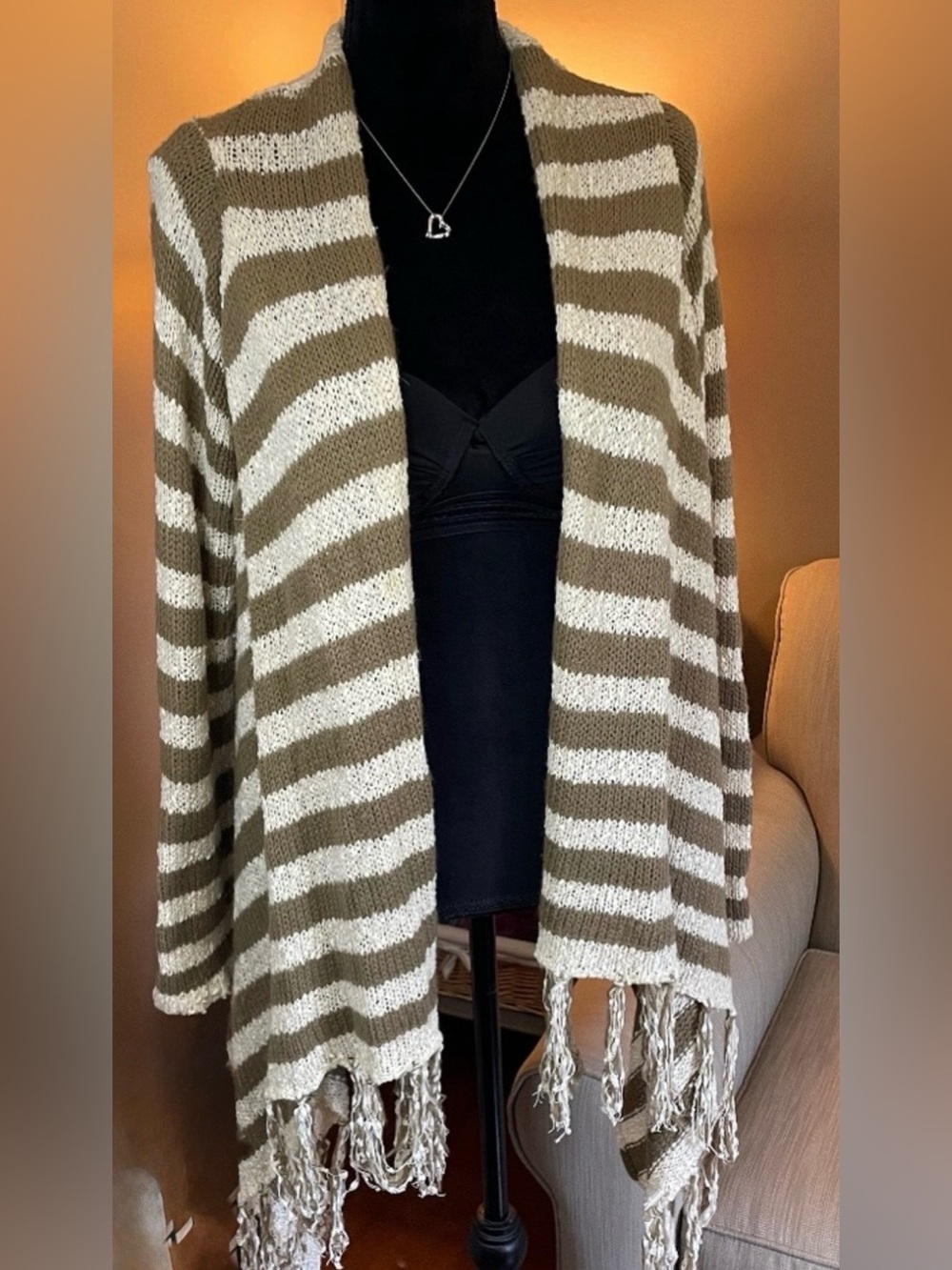 Striped Open Front Fringe Cardigan Sweater - Olive & Cream